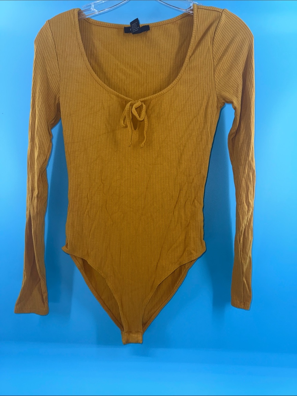 Forever 21 Mustard Long-Sleeve Scoop Neck Tie-Front Bodysuit
